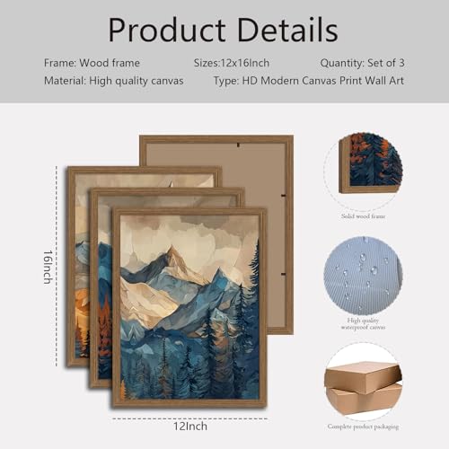 Mountain Wall Art Set of 3 Framed, Abstract Landscape Canvas Print - color: Rainbow Mountain, size: 12x16 Inches