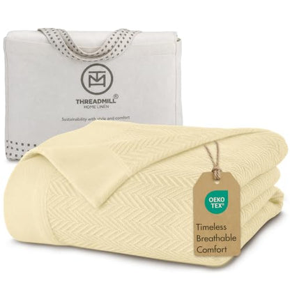 Threadmill Luxury 100% Cotton Twin Herringbone Blanket, Vanilla Cream - color: Vanilla Cream, size: Twin (68" x 92")