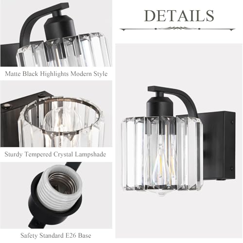BELS 8 Inch Battery Operated Wall Sconces Set of 2, Farmhouse Black Wall Lights Fixture with Crystal Shade, 3 Colors Temperature, Remote Control, Dimmable, Wall Sconces for Mirror, Bathroom, Bedroom - color: Crystal