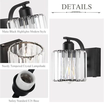 BELS 8 Inch Battery Operated Wall Sconces Set of 2, Farmhouse Black Wall Lights Fixture with Crystal Shade, 3 Colors Temperature, Remote Control, Dimmable, Wall Sconces for Mirror, Bathroom, Bedroom - color: Crystal