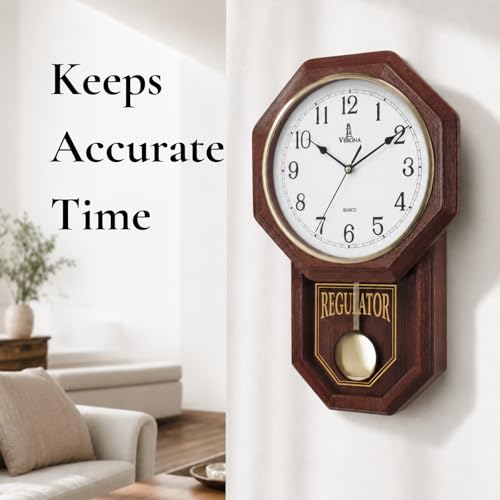 Pendulum Wall Clock, Real Wood Regulator Clock, Quiet, Non-Chiming, Wooden - color: Dark Wood