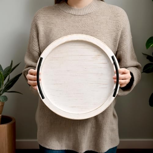 SwallowLiving White Wooden Beaded Serving Tray with Handle Decorative Rustic Whitewashed Tray for Coffee Table Farmhouse Round Tray for Kitchen, Living Room and Bedroom - color: White, size: 13"