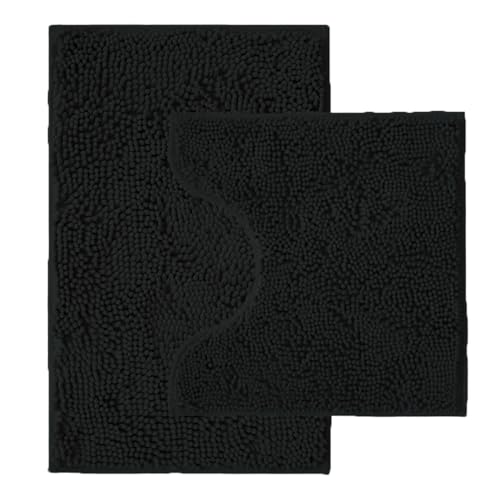 Bathroom Rugs Sets 2 Piece,Super Absorbent Chenille Bath Mats and U-Shaped Toilet Rug,Strong PVC Non Slip Backing,Microfiber Washable Dry Quickly Bath Mats for Bathroom(20"x32"+20"x20"U, Black) - color: Black