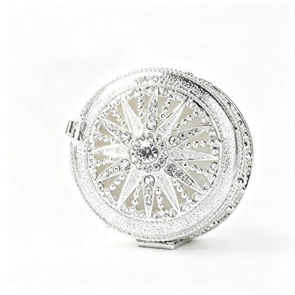 Silver Sunburst Rhinestone Round Jewelry Trinket Box - color: Silver_Round