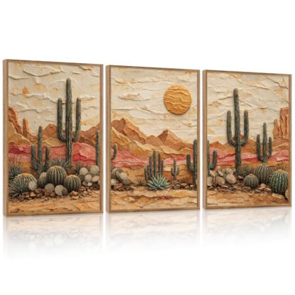 Aurlan 3D Textured Cactus Arizona Desert Framed Canvas Wall Art 24x36 Inch - color: Cactus Desert (3D Textured), size: 24"L x 36"W