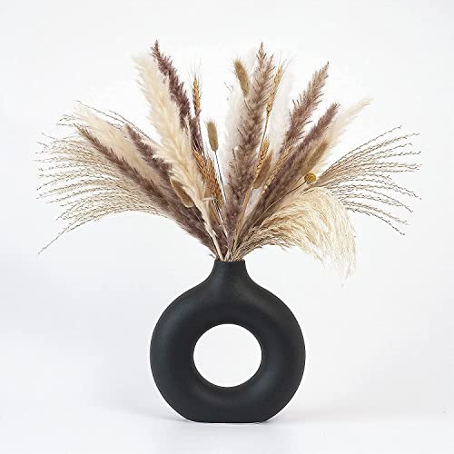 CEMABT Black Donut Vase Hollow Ceramic Vase for Flowers Handmade Minimalist Boho ins Style Modern Home Decor for Wedding Dinner Table Party Living Room Office Bedroom（M - color: Black, size: Medium (1-Piece)