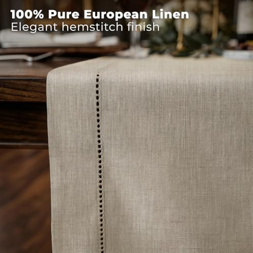 Signature Linen™ by D'Moksha, Natural Table Runner 108 Inches Long, 100% Pure Linen, Hemstitch, 14 x 108 Inch Table Runner for Dresser, Dining- Fall, Weddings, Outdoor Hosting - color: Natural, size: 14 X 108 Inch