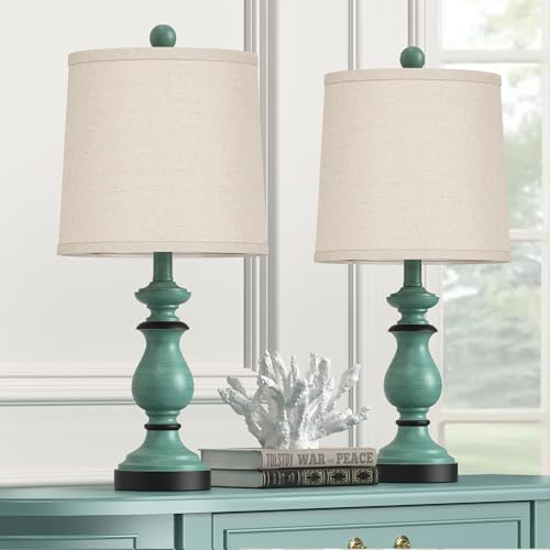 PARTPHONER Traditional Table Lamp Set of 2, Rustic Farmhouse Table Lamps for Living Room Bedroom, 22" Bedside Desk Lamps Vintage Nightstand Lamps with Linen Shades, Green - color: Antique Green, size: 22 Inch