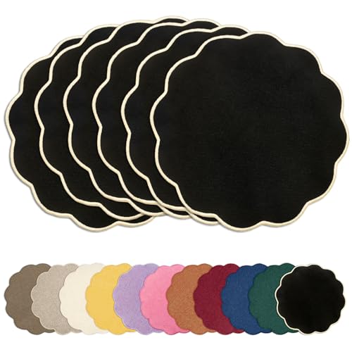 AHHFSMEI Round Scalloped Placemats Set of 6 15 Inch Faux Linen - color: Black