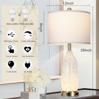 Rinweey 26" Modern Clear Glass Table Lamps Set of 2,Nightstand Lamp with USB A+C Ports & AC Outlet,Bedside Lamps with 3-Way Dimmable Touch Control Night Light for Bedroom Living Room(Bulbs Included) - color: White