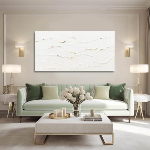 Hand-Painted Wavy Line Abstract Wall Art for Living Room 24x48 Inch - color: White and Gold, size: 48"L x 24"W