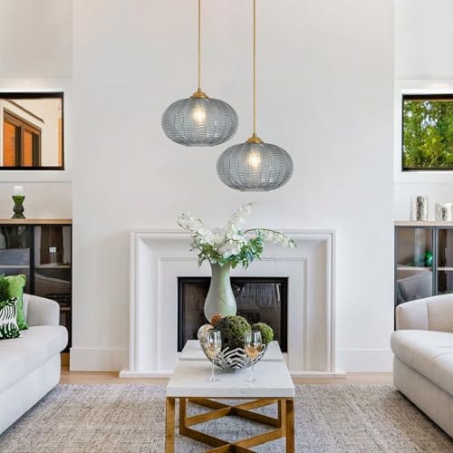 KCO Lighting Large Glass Pendant Lights Kitchen Island Brass Gold Pendant Light Gold Globe Hanging Light Smoked Striped Glass Pendant Light Mid Century Modern Dining Room Light Fixture - color: 25cm-Smoke Gray