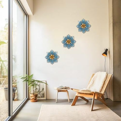 Villa Como Set of 3 Blue and Gold Metal Flowers Wall Art Decor 10" - color: # 3 Blue and Gold
