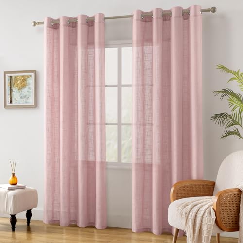 HOMEIDEAS Pink Linen Textured Sheer Curtains, 52 X 84 Inch, 2 Panels - color: Pink, size: 52"W x 84"L (Pack of 2)