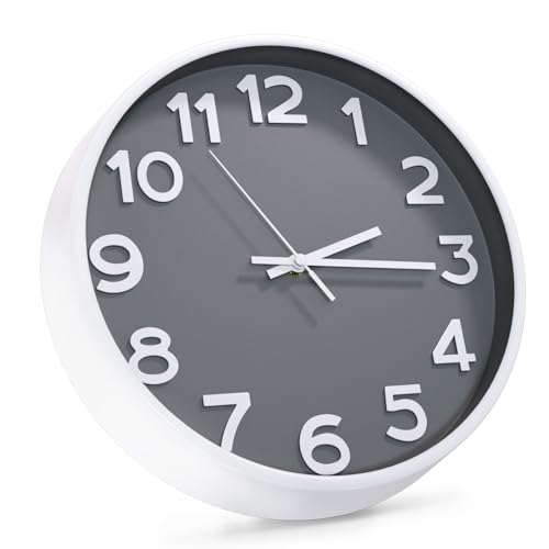 Wall Clock Silent Non-Ticking Battery Operated Indoor Analog Simple Style Modern Quartz Movement 3D Dial Easy to Read Decor for Home/Office/Living Room/Bedroom/Kitchen(Gray-White, 12 inch) - color: Gray-white