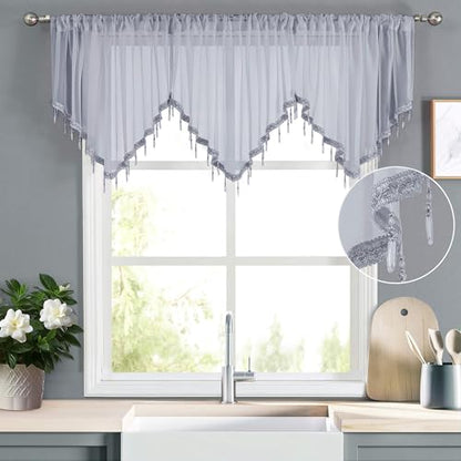 WUBODTI Grey Sheer Beaded Valance Curtains for Windows, Boho Bead Tassels Voile Kitchen Swag Curtain Triangle Sheer Valances Window Valances for Bedroom Living Room Bathroom,3PCs, Each W51 x L24 - color: Grey