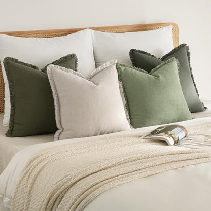 MIULEE Fall Linen Fringe Pillow Covers Set of 4 24x24 Beige/Sage Green - color: Sage Green, size: 24" x 24" (Pack of 4)