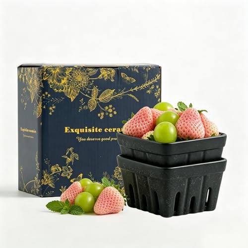 Ceramic Berry Basket, 4.2" Colander Set of 2 with Holes - color: Black, size: 4 inch