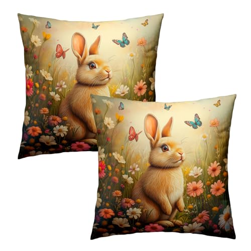 Giwawa Easter Bunny Throw Pillow Covers 20x20 Inch Flower Butterfly Decorative Pillowcase Set of 2 Couch Cushion Case for Sofa Home Living Room - color: Bunny Floral, size: 20" x 20" (Pack of 1)