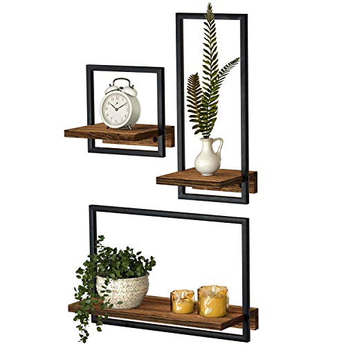 Metal Frame Rustic Wooden Floating Hanging Shelves, Home Decor Wall Mounted Display Organizing Shelf for Living Room, Bedroom, Office Bathroom. Set of 3