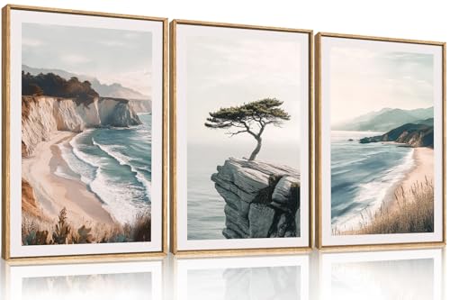 Celestdeco Amalfi Coastal Seascape Framed Canvas Wall Art Set-16"x24"x3 - color: Coastal Beach Wall Art, size: 16"L x 24"W
