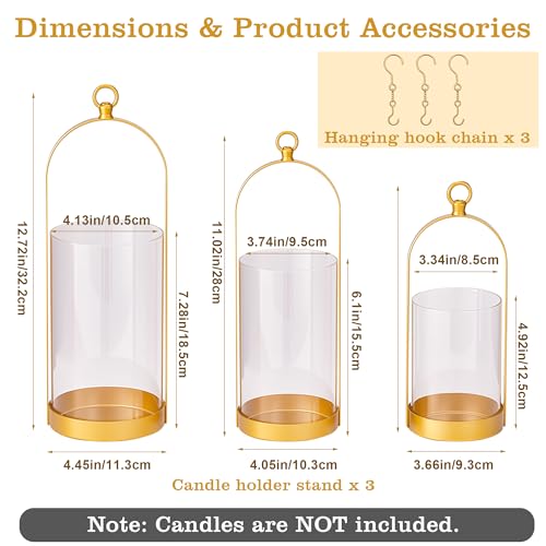 Hurricane Glass Candle Holders Set of 3, Hanging Gold Candlestick