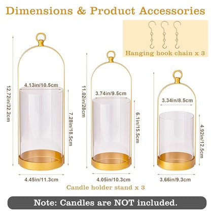 Hurricane Glass Candle Holders Set of 3, Hanging Gold Candlestick