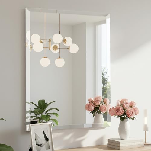 20x30 Inch Rectangle Frameless Mirror, Beveled Bathroom Mirror - size: 30"L x 20"W