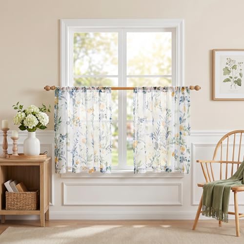 MYSKY HOME Yellow and Blue Floral Sheer Curtains 36 Inch Length - color: A-yellow & Blue, size: 52"W x 36"L (Pack of 2)