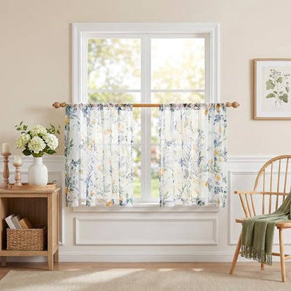 MYSKY HOME Yellow and Blue Floral Sheer Curtains 36 Inch Length - color: A-yellow & Blue, size: 52"W x 36"L (Pack of 2)