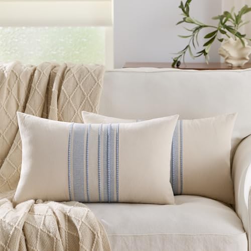KINDREX Striped Linen Decorative Throw Pillow Covers 12x20 Classic Blue - color: Sky Blue, size: 20" x 12" (Pack of 2)