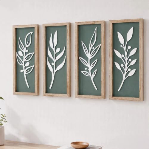 3D Tree Leaf Boho Wall Art, Sage Green, Wooden Framed, Set of 4 - color: 4 Pcs Sage Green, size: 7"X16"
