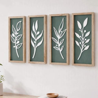 3D Tree Leaf Boho Wall Art, Sage Green, Wooden Framed, Set of 4 - color: 4 Pcs Sage Green, size: 7"X16"