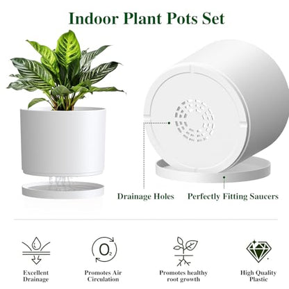 Plant Pots, 10/9/8 Inch 3 Pack Cylindrical Flower Pots with Drainage Holes and Saucers, Plastic Planters for Outdoor Indoor Plants,White - color: White