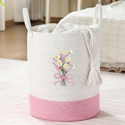 Honeydak Pink Bow Cotton Rope Laundry Basket Hamper, Flower - style: Flower