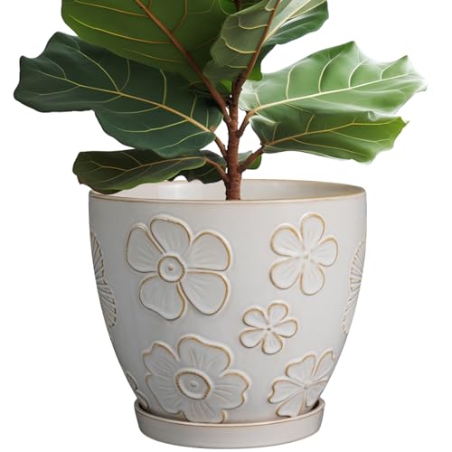MPotTo 10 Inch Ceramic Planter Pot, Large Petal White - color: Large Petal White