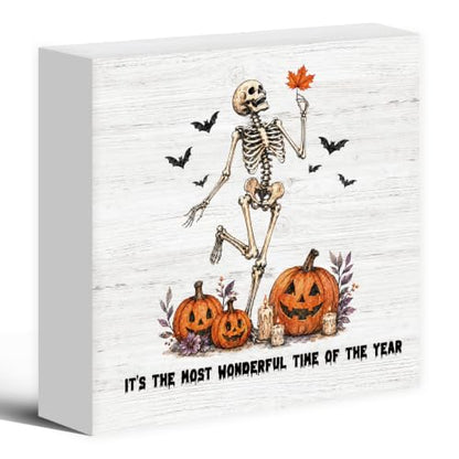 Gothic Halloween Skeleton Pumpkin Fall Wood Box Sign Desk Decor 5X5