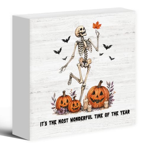 Gothic Halloween Skeleton Pumpkin Fall Wood Box Sign Desk Decor 5X5 - color: Dancing Skeleton