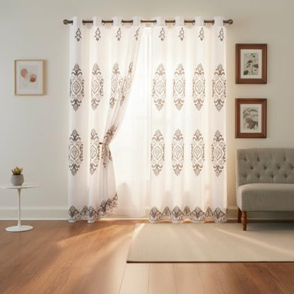 J&V TEXTILES Embroidered Curtain Set, 2 Panel Drapes with Backing & Valance, Medallion Pattern (White) - color: White