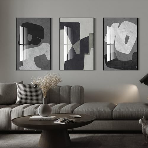 QKF 3Pcs Black White Gray Abstract Geometric Crystal Framed Canvas Wall Art - color: Black, White, Dark Gray, size: 20" X 28" X 3 pieces