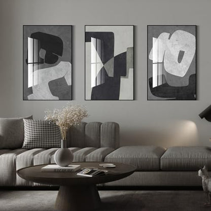 QKF 3Pcs Black White Gray Abstract Geometric Crystal Framed Canvas Wall Art - color: Black, White, Dark Gray, size: 20" X 28" X 3 pieces