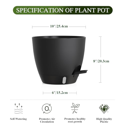 Self Watering Pots with Drainage Holes, 2 Pack 10 Inch Plant Pots with Water Level Indicator Deep Reservoir, Large Plastic Planter for Indoor Outdoor Plants - Black - color: Black, size: 10 Inch 2 Pack