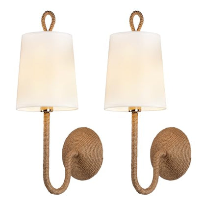 Natural Rattan Wall Sconce Set of 2: Boho Coastal Rope Woven Lamps with Linen Fabric Shades for Living Room, Bedroom, Bedside, Vanity and Hallway - color: Hardwired