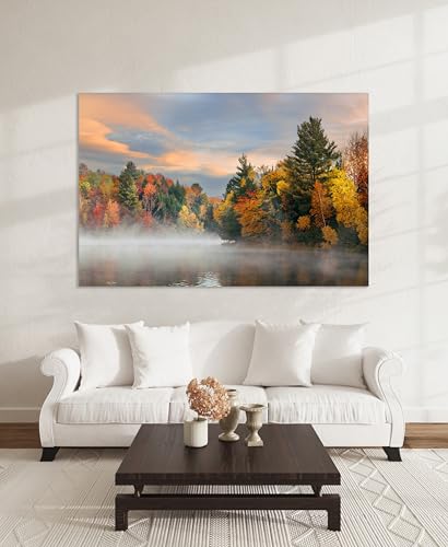 Nature Wall Art Prints - Ocean Forest Mountain Lake Canvas Landscapes - Small to Extra Large Living Room Bedroom Kitchen Bathroom Décor (Misty Fall Reflection, 28"L x 41"W) - color: Misty Fall Reflection, size: 28"L x 41"W
