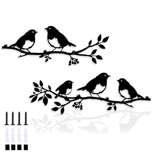 Harikikochuu 2pcs Metal Birds Wall Art Birds on Branch Silhouette Art Rustic Robin Garden Decor Metal Leaf Wall Sculpture for Outdoor Porch Balcony Housewarming Gift Mother's Day Present. - color: Black