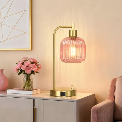 Pink Glass Table Lamps Set of 2, Dimmable Bedside Lamps for Living Room - color: Gold&Pink