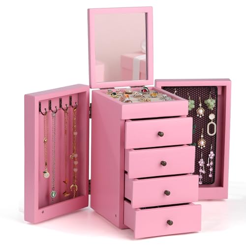 Meangood Jewelry Box Wood for Women, 5-Layer Large Organizer Box with Mirror & 4 Drawers for Rings, Earrings, Necklaces, Pink - color: Pink, size: 4-Drawer