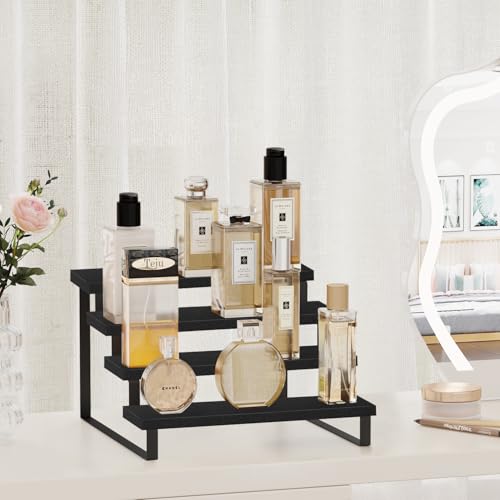 YINMIT Wooden Display Riser Stand, Tiered Perfume and Cologne Organizer Stand, 4 Tier Spice Rack Organizer, Rustic Display Shelf for Candles (4 Tier,Black) - color: 4 Tier,1 Pack,Black