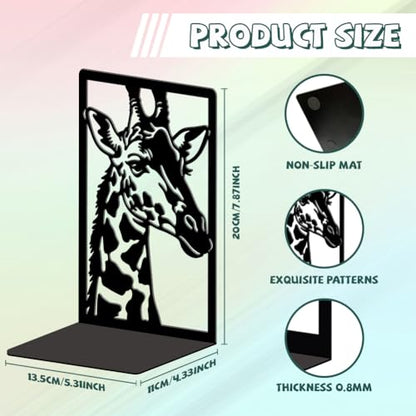 Peacoblue 5.3"x4.3"x7.9" Metal Bookends, Heavy Duty Book Ends for Shelves - style: Giraffe