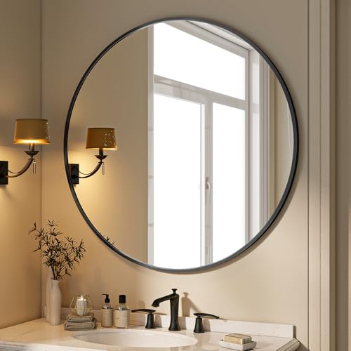 BEAUTYPEAK 40 Inch Round Mirror, Metal Frame Circle Mirror, Black - color: Black, size: 40"L x 40"W